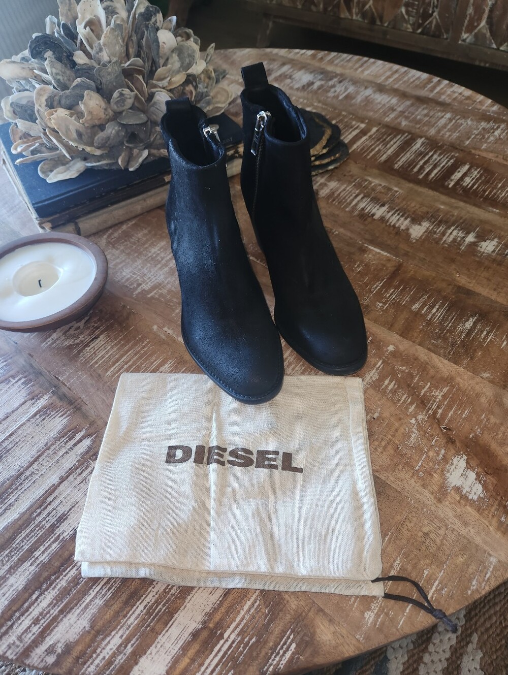 Diesel Black Suede Ankle Booties with Side Zipper